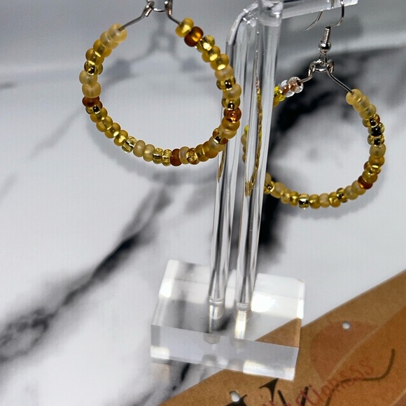 Golden Beaded Hoop Earrings - Picture 2 of 3